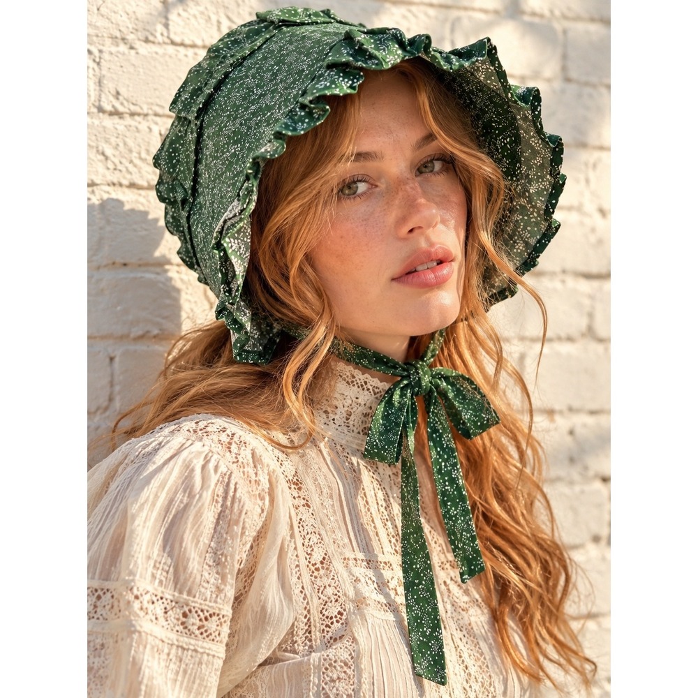 Vintage Green Cotton Calico Sun Bonnet Handmade Cottagecore Prairie
